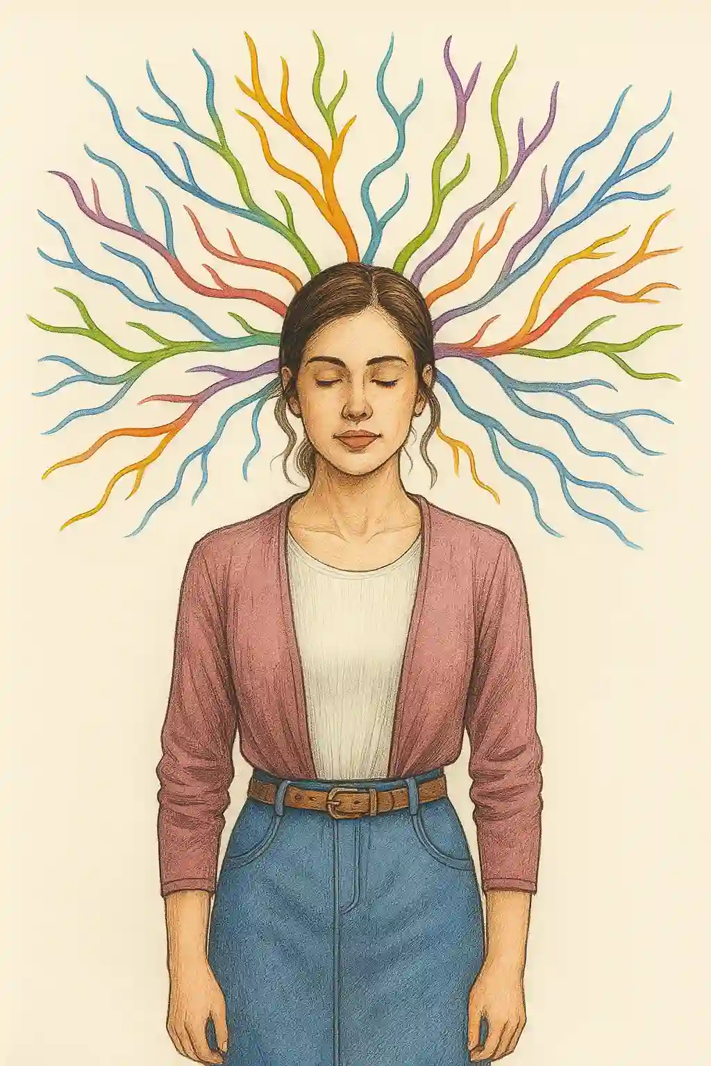 Artistic illustration of woman with colorful thought branches representing personality discovery and mental creativity