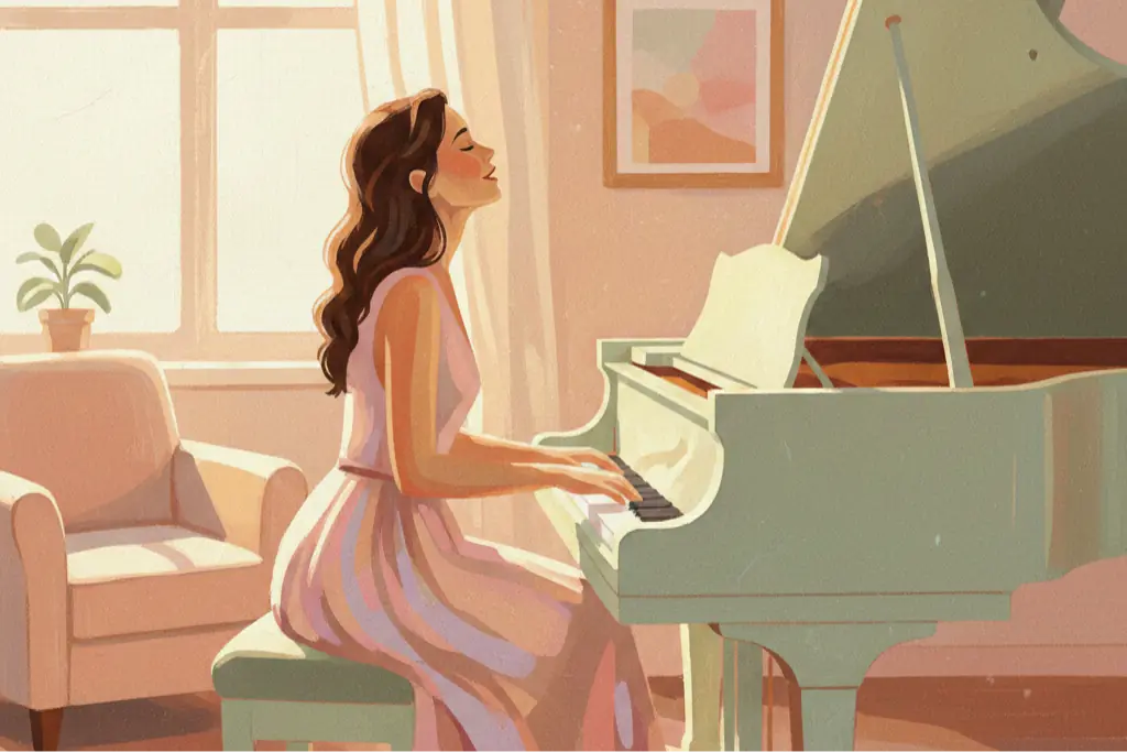 Gouache illustration of a woman sitting at a grand piano pouring emotion into music, painted in warm pastel tones of blush pink, soft peach, and gentle lavender