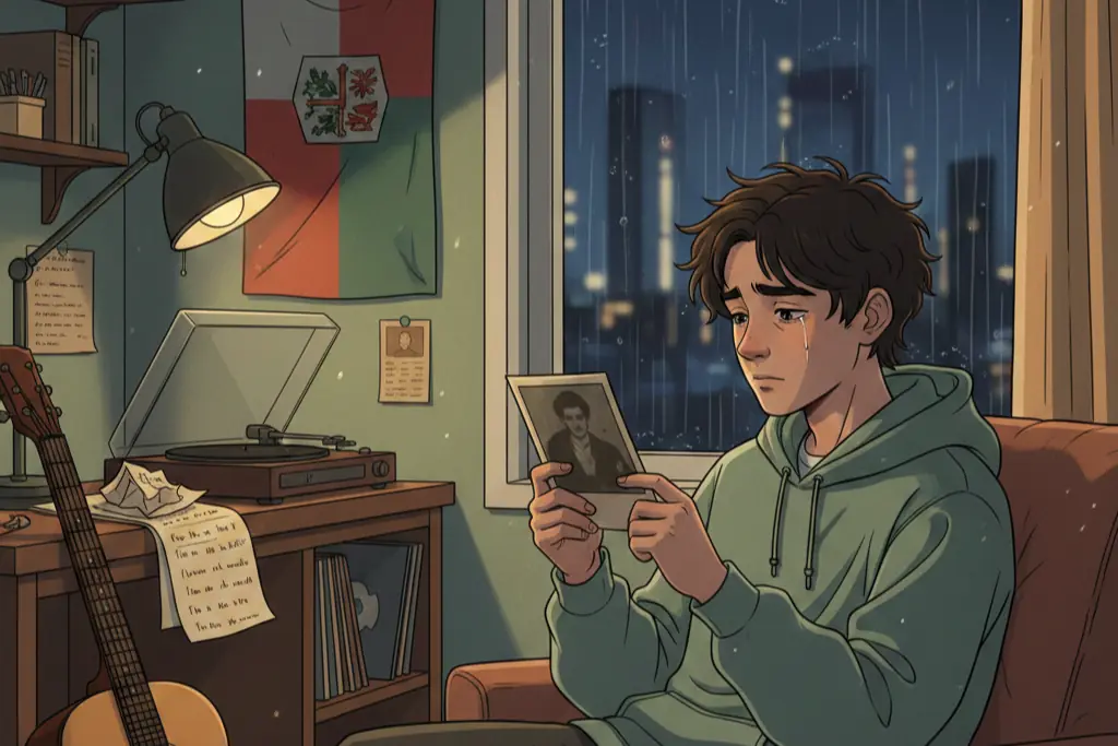 A young man alone in a quiet cozy room looking out a rain-streaked window at night holding an old photograph in his hands with a bittersweet expression nostalgic and deeply feeling surrounded by memorabilia from home a flag on the wall and handwritten lyrics scattered on a desk the weight of fame and longing for authenticity visible in his posture, lo-fi chillhop aesthetic