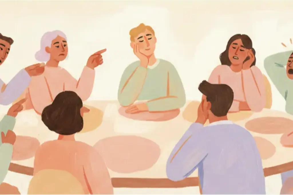 Gouache illustration of a person sitting calmly at the center of a round table while others gesture and speak, painted in warm pastels of blush pink, peach, and sage green