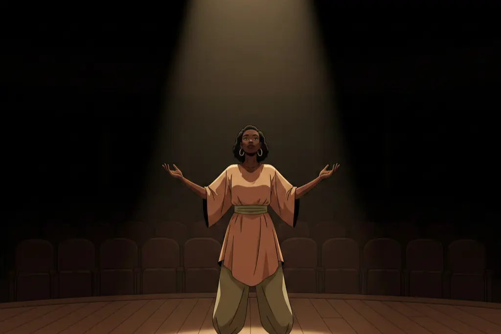 Gouache illustration of a powerful woman standing alone on a vast empty stage under a single dramatic spotlight, painted in warm tones of amber, muted teal, and dusty terracotta