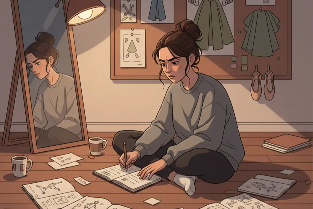 A woman in a cozy room late at night surrounded by notebooks choreography diagrams costume sketches and a mirror she is sitting on the floor in rehearsal clothes exhausted but still working still perfecting still unable to stop the warm lamp light contrasts with the intensity on her face the cost of perfectionism visible in the gap between what the world celebrates and what the person endures, lo-fi chillhop aesthetic