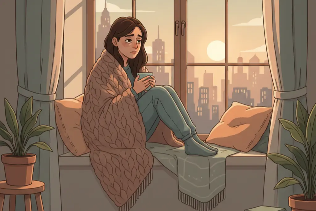 A woman in a cozy room at dawn sitting quietly on a window seat wrapped in a blanket holding a cup of tea looking out at the sunrise with an expression that is both exhausted and contemplative a brief moment of stillness before the work begins again the rare gap between the public empire and the private person who built it alone, lo-fi chillhop aesthetic