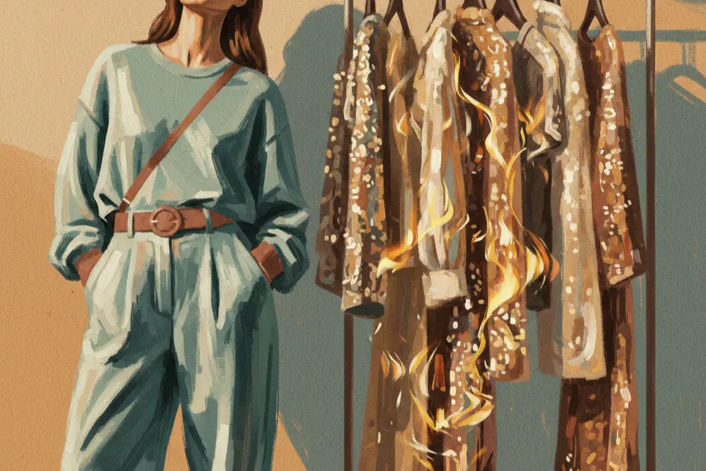 Gouache illustration of a young woman in oversized baggy clothes standing with quiet defiance before a rack of rejected sparkly sequined outfits, painted in warm amber, muted teal, and dusty terracotta