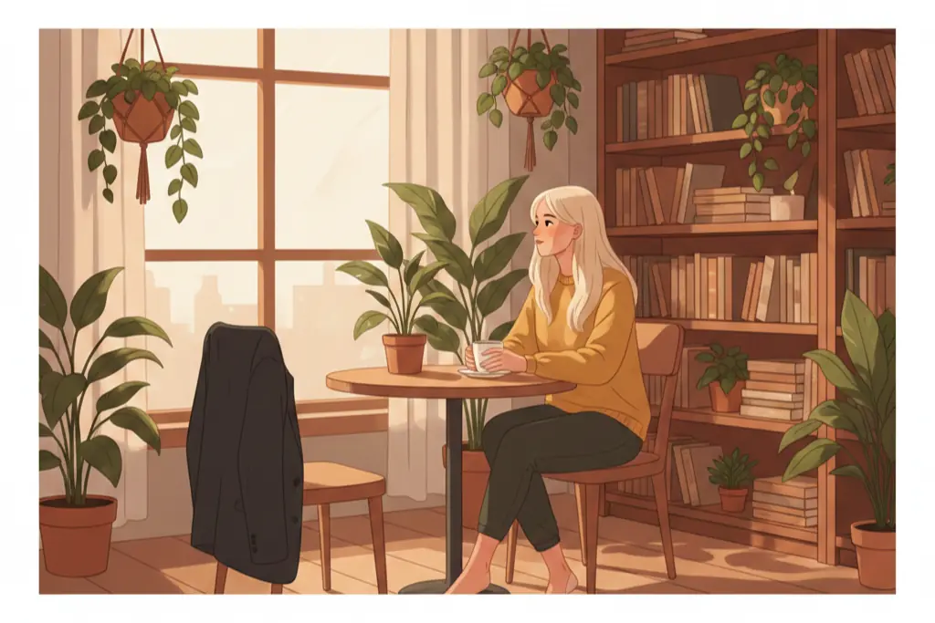 A woman in a cozy room at a small round table with two chairs one empty she sits with perfect composure holding a coffee cup looking out the window with calm confidence while a mans jacket is draped over the empty chair suggesting he was there but she is perfectly content alone the room has warm lighting bookshelves and soft plants the energy is of someone who does not need to chase anyone