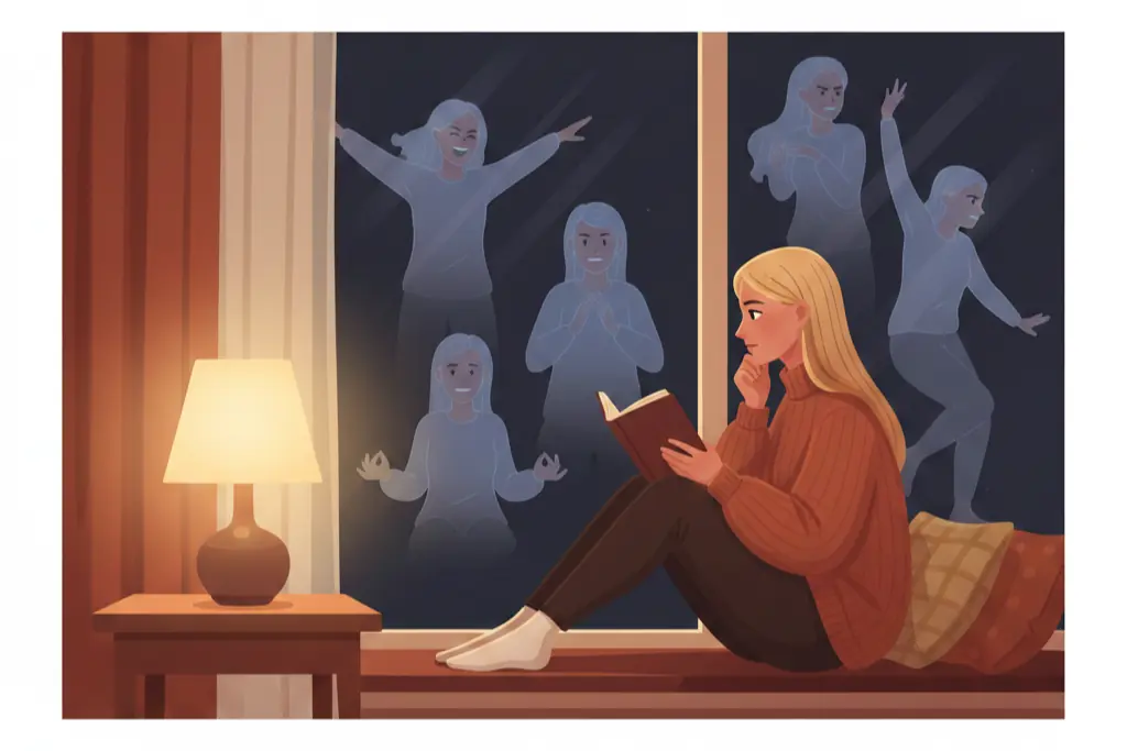 A cozy room at night with warm lamp light and a woman sitting on a window seat holding a book about dating rules looking thoughtful while her reflection in the window glass shows nine different versions of herself each with a different expression one fierce one warm one detached one anxious one playful one intense one mysterious one accommodating one principled representing how the same strategy looks completely different depending on who is using it