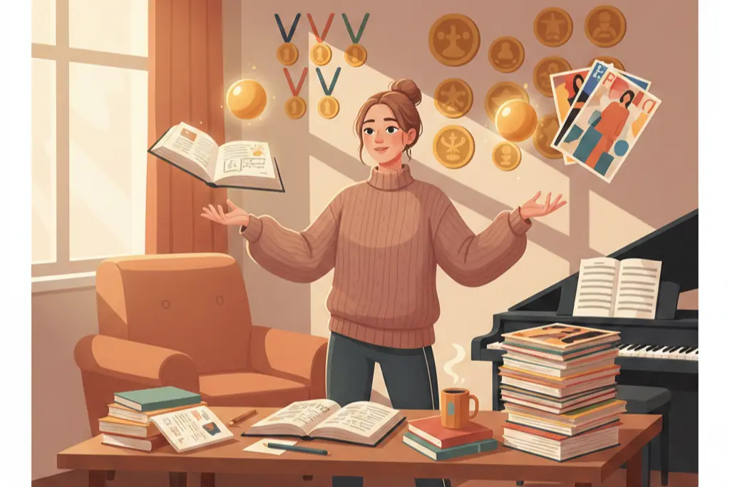 A young athletic woman in a cozy room surrounded by gold medals on the wall open textbooks on the desk fashion magazines stacked nearby and a piano in the corner she stands in the middle juggling everything with composed confidence but a subtle hint of exhaustion underneath her polished exterior representing someone who excels at everything but cannot stop achieving, lo-fi chillhop aesthetic