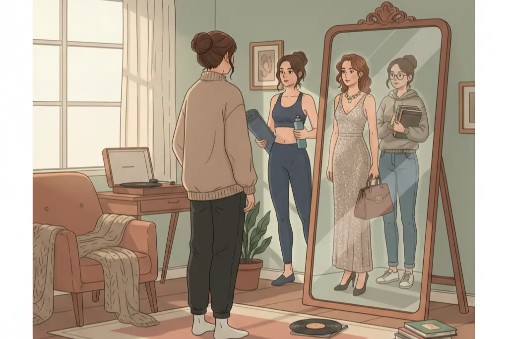 A young woman alone in a quiet cozy room looking at her reflection in a large mirror but the reflection shows multiple versions of herself one in athletic gear one in a glamorous fashion outfit one holding textbooks while the real her stands still searching for the version that is just herself without any role or achievement attached, lo-fi chillhop aesthetic