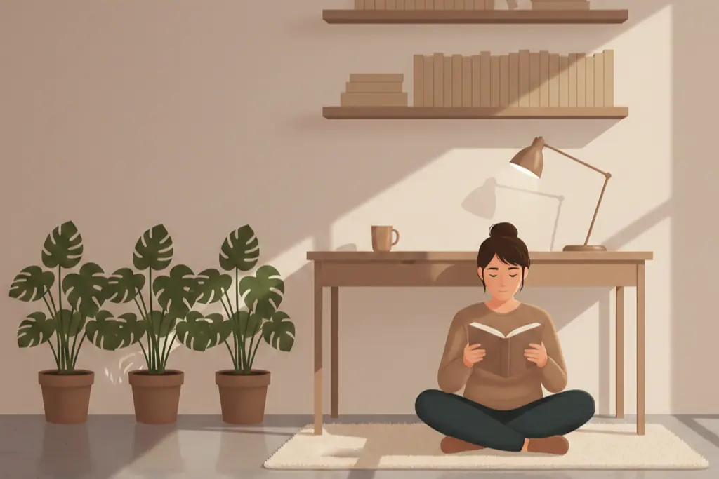 A person sitting alone in a perfectly organized minimalist room quietly reading a book with a calm contemplative expression, everything meticulously arranged, lo-fi chillhop aesthetic