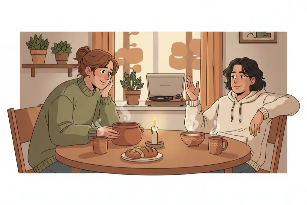 A couple sitting at a cozy dinner table one person warmly attentive and caretaking leaning forward with a gentle smile anticipating every need while the other sits back relaxed and agreeable going along with everything the helper and the peacemaker in a relationship that looks perfect but hides unspoken tension, lo-fi chillhop aesthetic