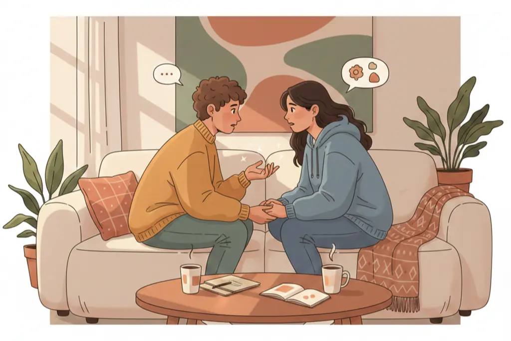 A couple sitting on a cozy couch finally having an honest vulnerable conversation both looking a little uncomfortable but present one person learning to express their own needs while the other learns to share their true preferences a breakthrough moment of real intimacy replacing performed harmony, lo-fi chillhop aesthetic