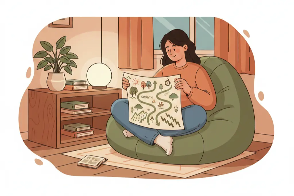 A person sitting quietly in a cozy room studying a map-like diagram that shows two different directions they could go in life one path leading toward growth and one toward stress a calm moment of self-awareness where they finally understand the pattern and can choose which direction to move, lo-fi chillhop aesthetic
