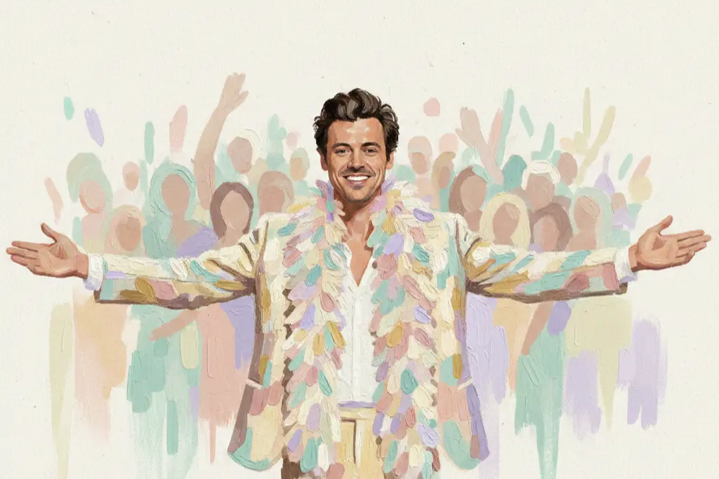 Gouache illustration of a man wearing a colorful feather boa and sequined jacket warmly greeting a crowd of fans with open arms and a genuine smile, radiating connection and kindness, painted in soft blush pink, muted teal, and warm cream