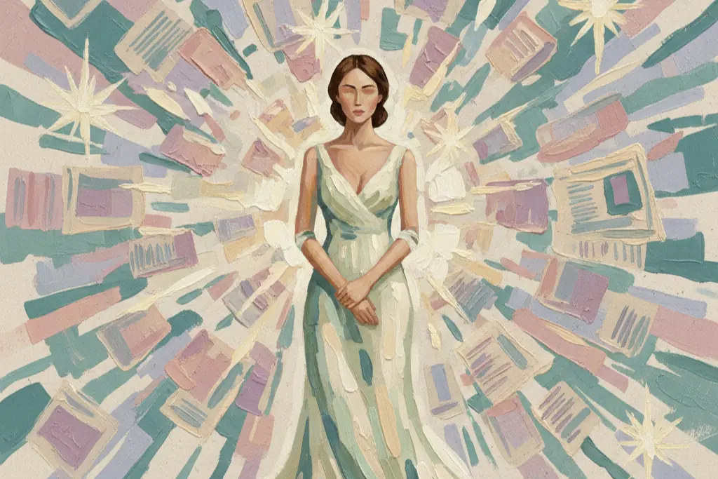 Gouache illustration of a woman standing calm and composed in the center of a chaotic swirl of newspaper pages and camera flashes, her expression serene and unbothered, representing quiet dignity amid a media storm, painted in soft blush pink, muted teal, and warm cream