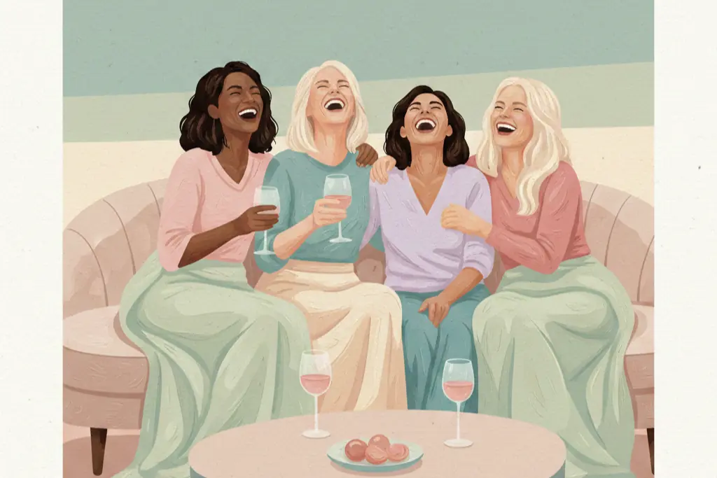 Gouache illustration of a group of women laughing together on a comfortable couch with genuine warmth and closeness, wine glasses and cozy blankets, representing deep loyal friendship that has lasted decades, painted in soft blush pink, muted teal, and light sage green