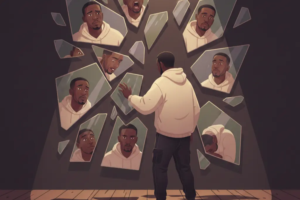 A 2D flat digital illustration of a man on a dimly lit stage facing a shattered mirror, broken shards reflecting different versions of himself, warm lo-fi chillhop aesthetic with muted earthy tones