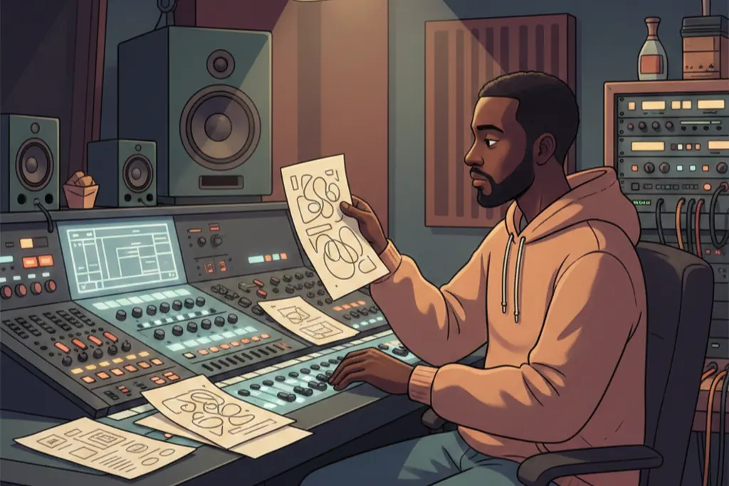 A 2D flat digital illustration of a man at a mixing console in a dark studio surrounded by scattered crumpled papers, holding an unconventional design, warm lo-fi chillhop aesthetic with muted earthy tones