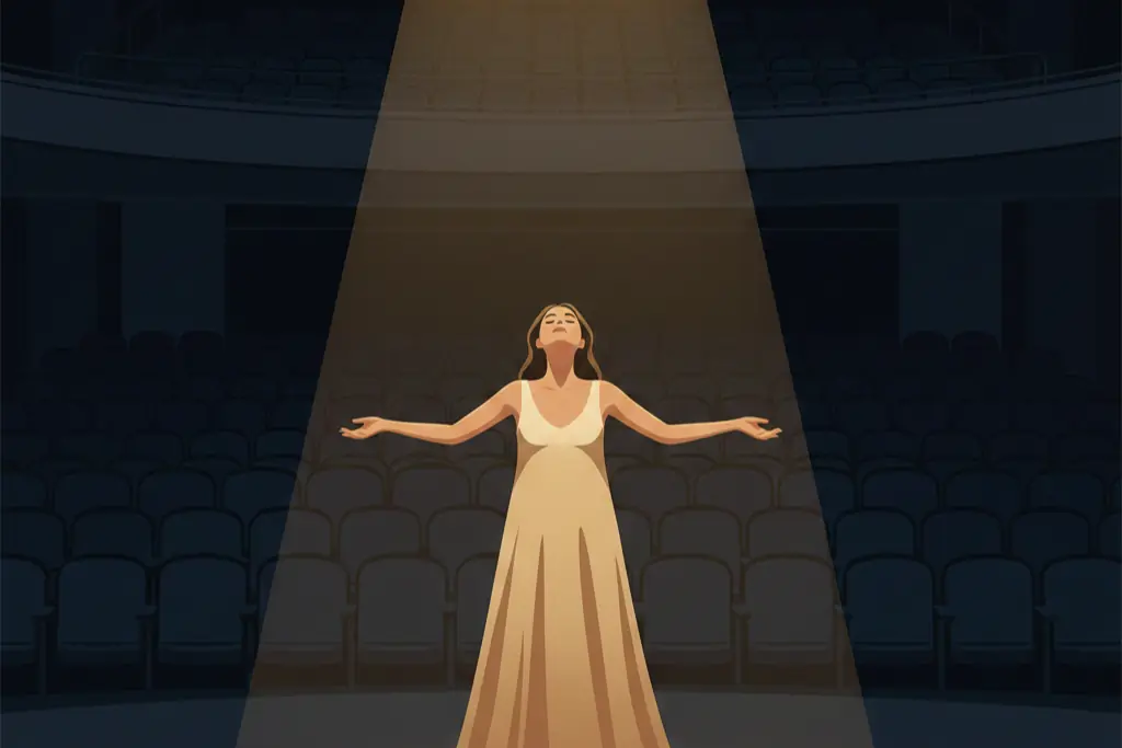 A 2D flat digital illustration of a woman standing alone on a vast empty stage in a simple plain dress with arms open in vulnerability, a single warm spotlight illuminating her, dark empty theater with rows of empty seats, lo-fi chillhop aesthetic with muted earthy tones