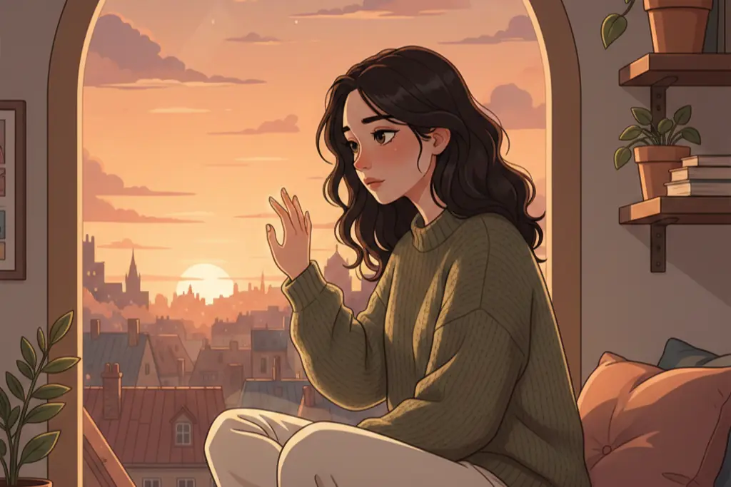 A 2D flat digital illustration of a woman sitting at a large window looking out at a sunset cityscape, one hand resting on the glass, her expression full of longing and beautiful sadness, warm lo-fi chillhop aesthetic with muted earthy tones