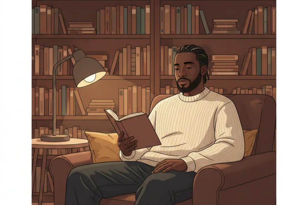 A 2D flat digital illustration of a man sitting in a deep armchair in a warmly lit study holding a book, his expression calm and wise, radiating quiet authority and peace, warm lo-fi chillhop aesthetic with muted earthy tones