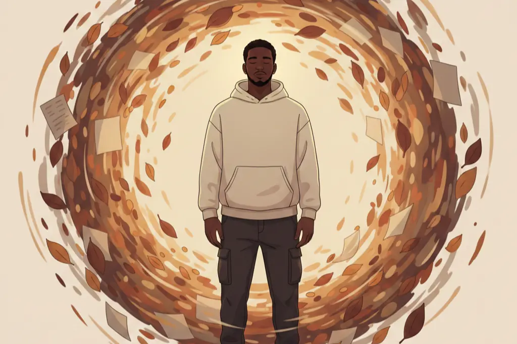 A 2D flat digital illustration of a man standing perfectly still and centered in the eye of a swirling storm of papers and chaos around him, his posture relaxed and grounded with eyes closed peacefully, warm lo-fi chillhop aesthetic with muted earthy tones