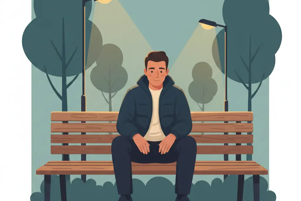 A 2D flat digital illustration of a man sitting on a park bench with a contemplative expression, one hand on his chin as if reflecting on something deeper beneath the humor, warm autumn trees in the background, lo-fi chillhop aesthetic with muted earthy tones