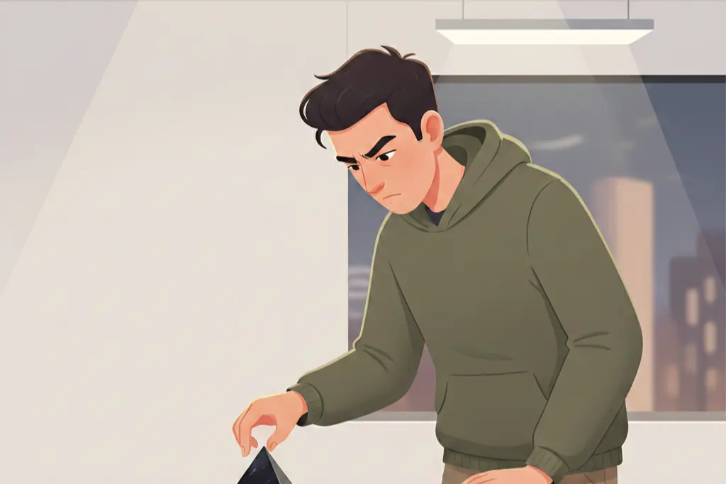A 2D flat digital illustration of a man standing in front of a minimalist white display table meticulously adjusting the position of a single small object with intense focus and perfectionist concentration, clean sparse room with simple white walls, warm lo-fi chillhop aesthetic with muted earthy tones