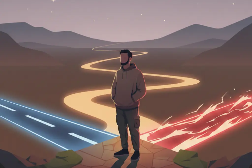 A 2D flat digital illustration of a man standing at a crossroads where three distinct paths diverge ahead of him each lit differently with cool blue and warm amber and intense red light, he contemplates all three directions, warm lo-fi chillhop aesthetic with muted earthy tones
