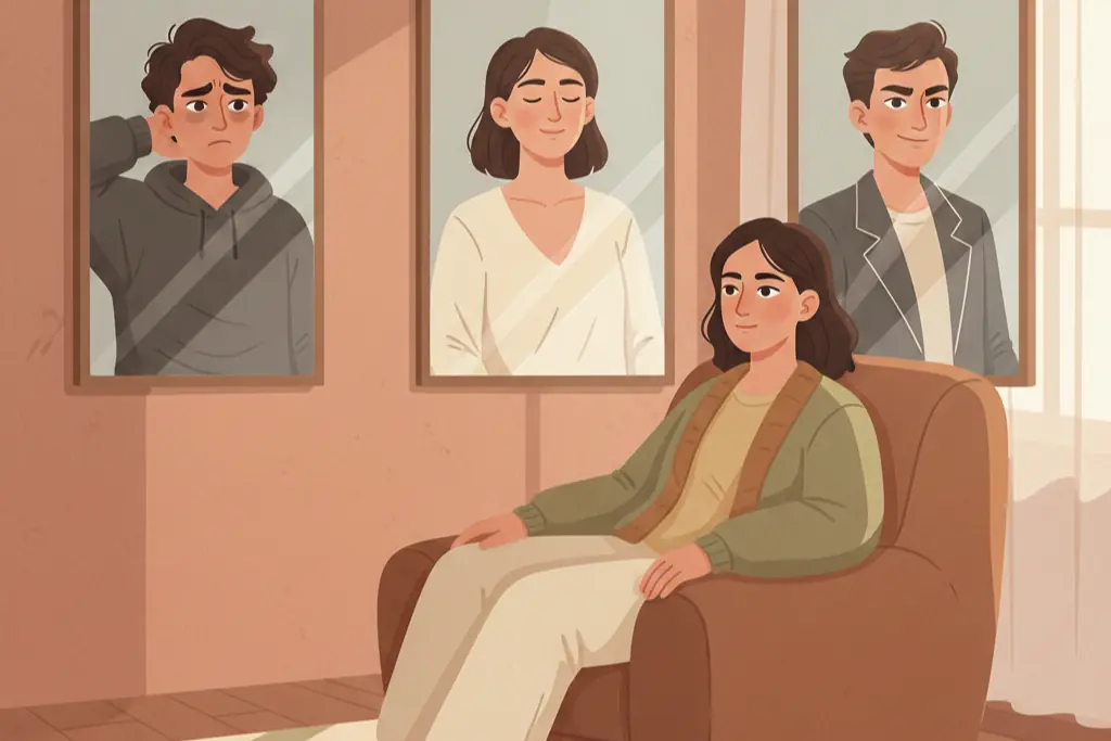 A person in a cozy room looking at three different reflections of themselves in separate mirrors each reflection showing a slightly different version of them one stressed one calm one ambitious representing how the same person can appear as different personality types depending on their current state of mind, lo-fi chillhop aesthetic